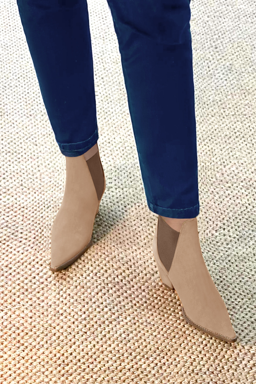 Tan beige and taupe brown women's ankle boots, with elastics. Pointed toe. Medium cone heels. Top view - Florence KOOIJMAN